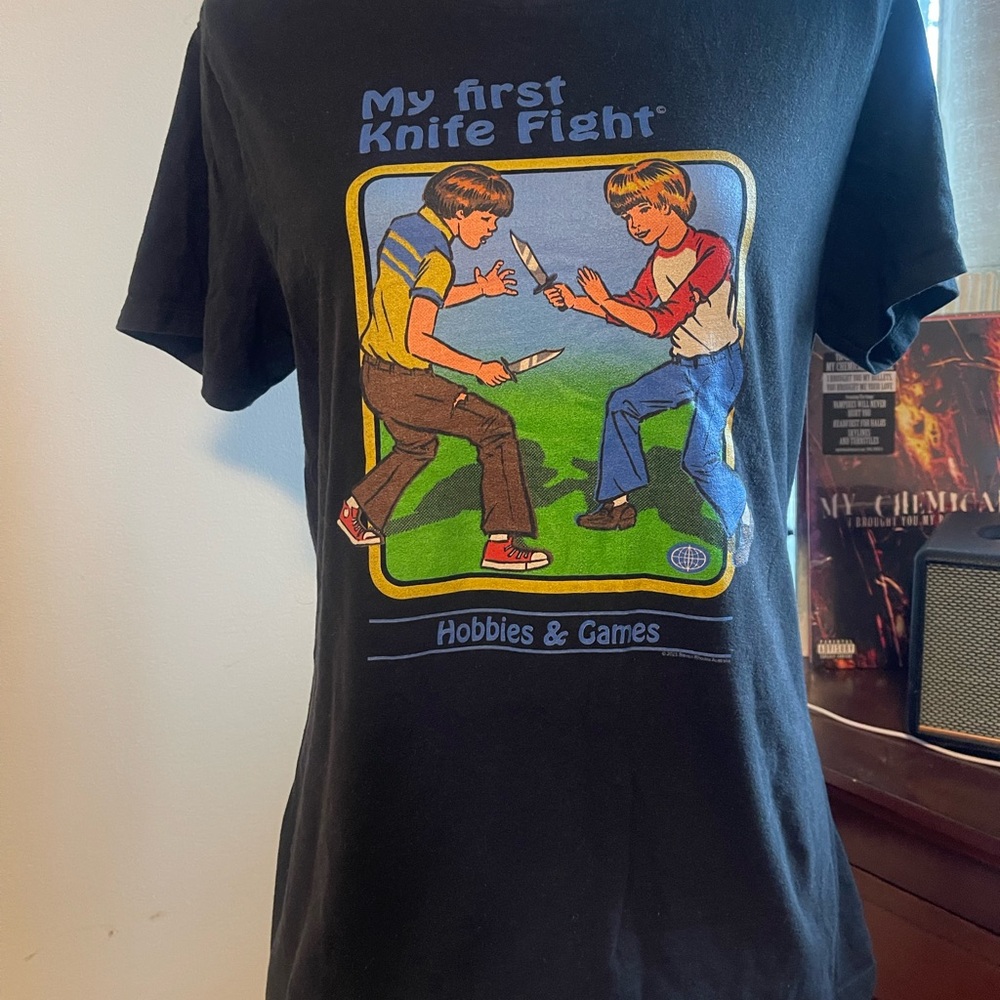 Steven Rhodes My First Knife Fight Black Tee with Colorful Graphic